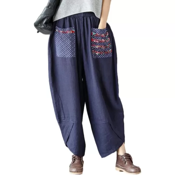 Minibee Womens Baggy Linen Wide Leg Trousers Casual Patchwark Elastic Waist Harem PantsNavy Blue