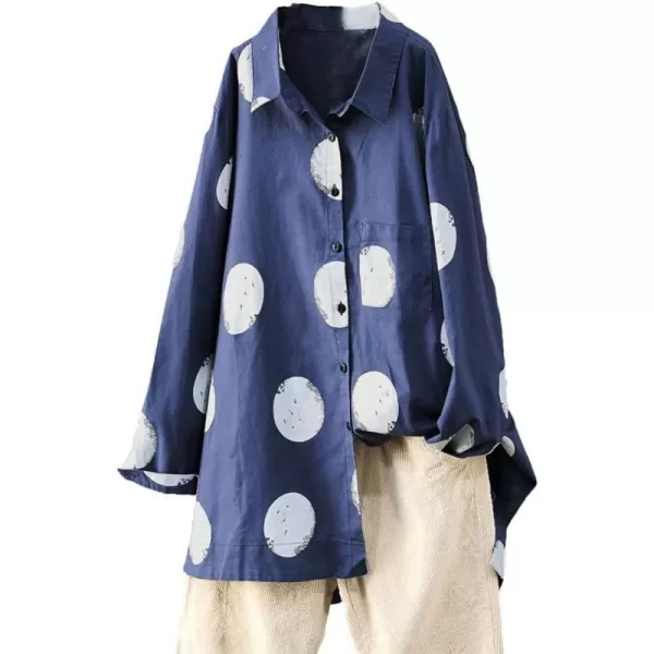 Minibee Womens Button Down Tunic Tops Polka Blouse Cotton ShirtBlue