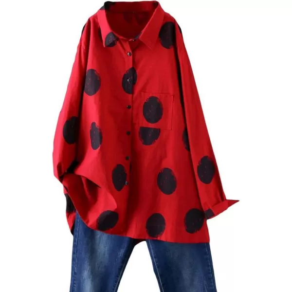 Minibee Womens Button Down Tunic Tops Polka Blouse Cotton ShirtStyle1 Red