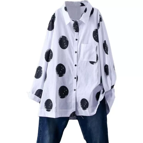 Minibee Womens Button Down Tunic Tops Polka Blouse Cotton ShirtStyle1 White