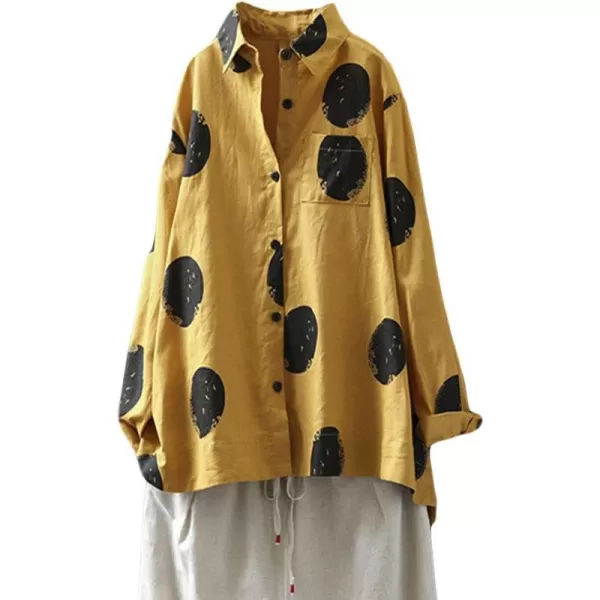 Minibee Womens Button Down Tunic Tops Polka Blouse Cotton ShirtStyle1 Yellow