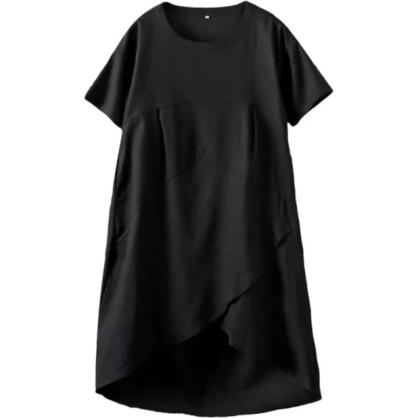 Minibee Womens Casual Linen Dress Summer Short Sleeve Flowy Empire Waist Midi Dresses with PocketsBlack