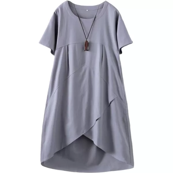 Minibee Womens Casual Linen Dress Summer Short Sleeve Flowy Empire Waist Midi Dresses with PocketsGrey