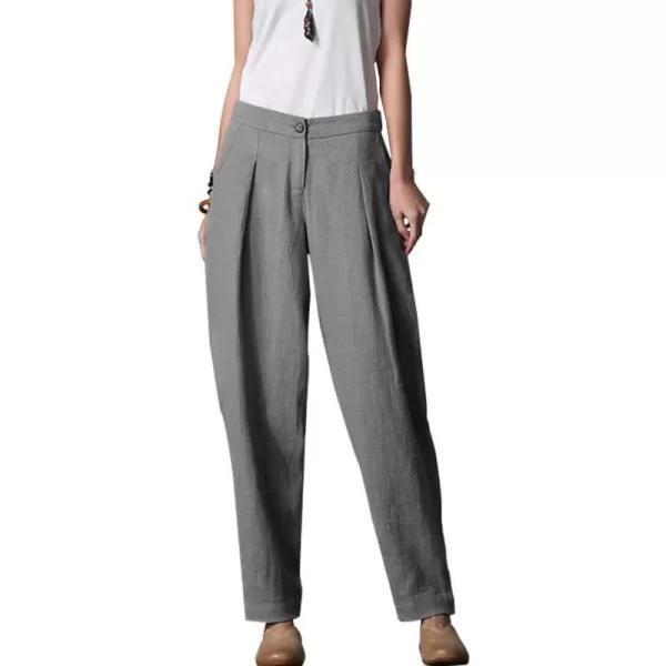 Minibee Womens Casual Linen Pants Elastic Waist Tapered Pants Trousers with PocketsGray