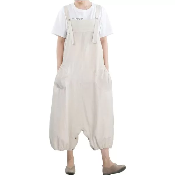 Minibee Womens Casual Loose Jumpsuit Long Baggy Bib Pants Wide Leg Rompers Cotton Overalls with PocketsBeige