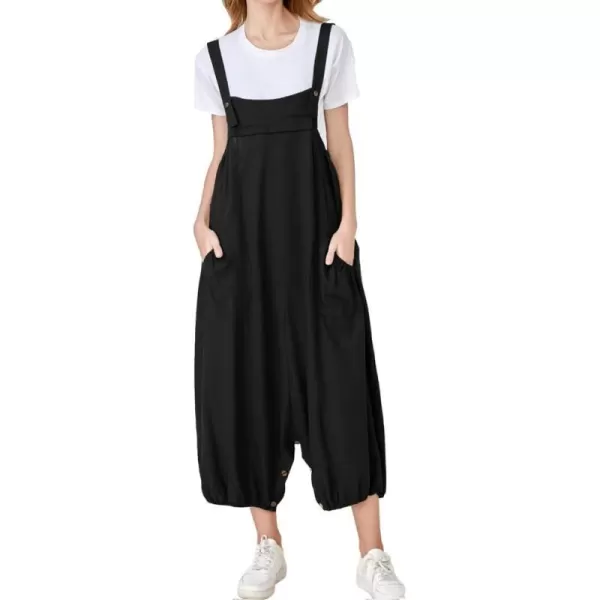 Minibee Womens Casual Loose Jumpsuit Long Baggy Bib Pants Wide Leg Rompers Cotton Overalls with PocketsBlack