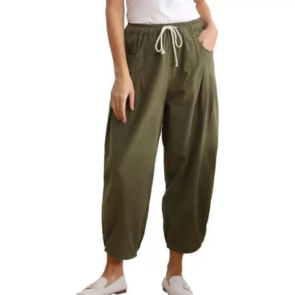 Minibee Womens Casual Pants Wide Leg Baggy Tapered Capri Drawstring Elastic Waist Ankle Trousers with PocketsArmygreen