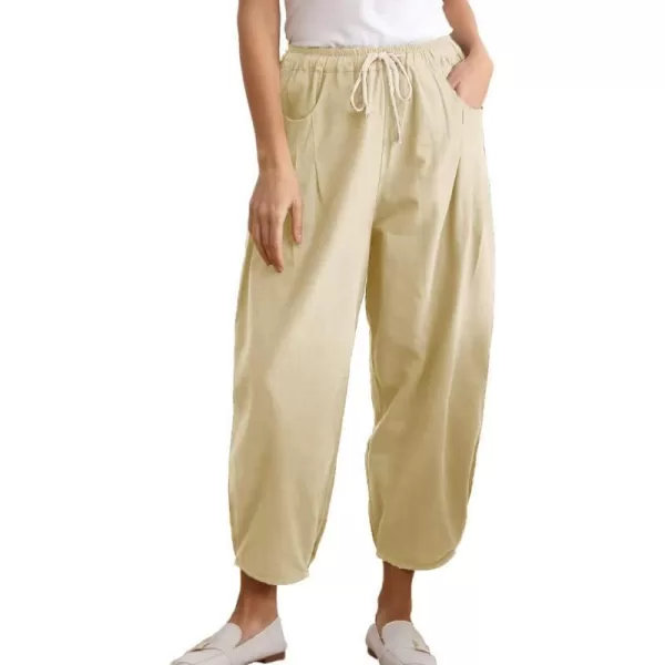 Minibee Womens Casual Pants Wide Leg Baggy Tapered Capri Drawstring Elastic Waist Ankle Trousers with PocketsBeige