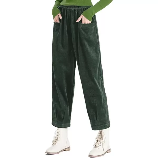 Minibee Womens Corduroy Baggy Pants Elastic Waist Loose Harem Pant Cotton Wide Leg Trousers with PocketsGreen