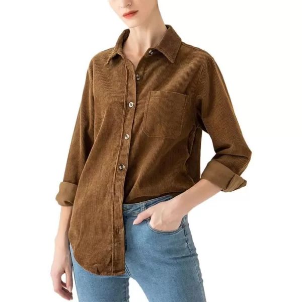 Minibee Womens Corduroy Jacket Button Down tops Casual Shacket Long Sleeve CoatsBrown