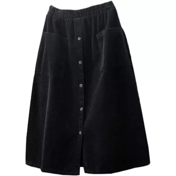 Minibee Womens Corduroy Midi Skirt Front Split Buttons Decoration ALine DressBlack