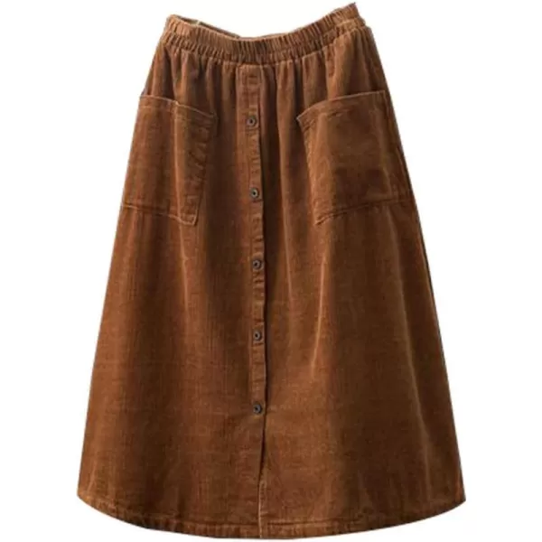 Minibee Womens Corduroy Midi Skirt Front Split Buttons Decoration ALine DressBrown