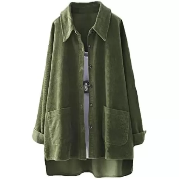 Minibee Womens Corduroy Shirt Jacket Shacket Button Down Long Sleeve Oversized Blouse Coats with PocketsArmy Green