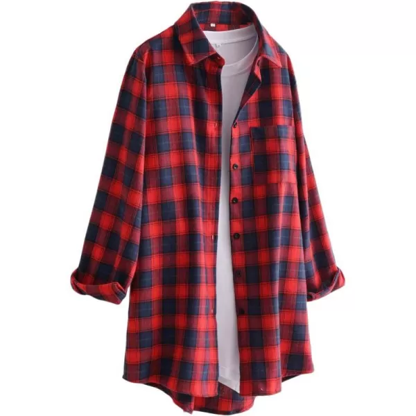 Minibee Womens Cotton Blouses Tops Plaid Long Sleeve High Low Button Down Shirts TunicRed