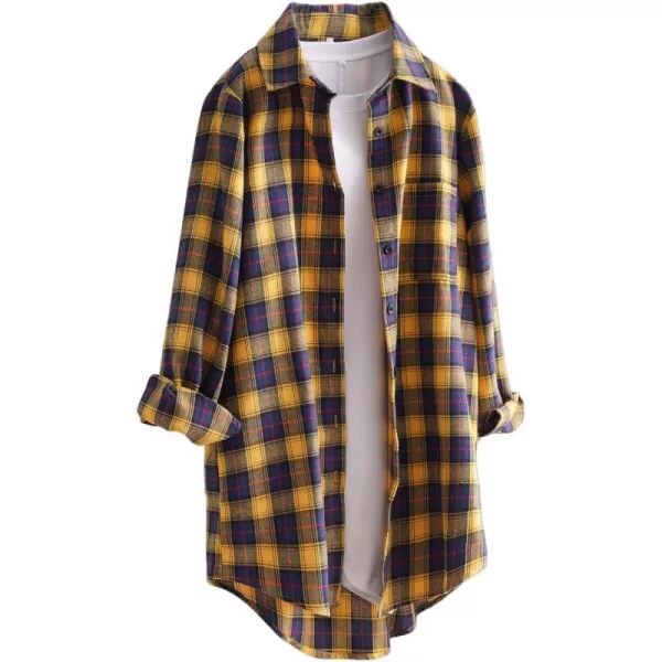 Minibee Womens Cotton Blouses Tops Plaid Long Sleeve High Low Button Down Shirts TunicYellow