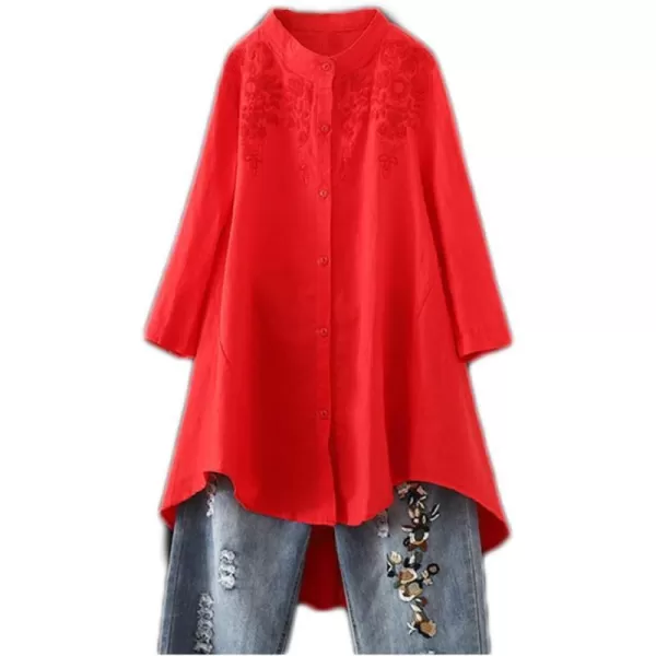 Minibee Womens Cotton Linen Shirt High Low Button Down Embroidered Blouse Long Sleeve Tunic TopsRed