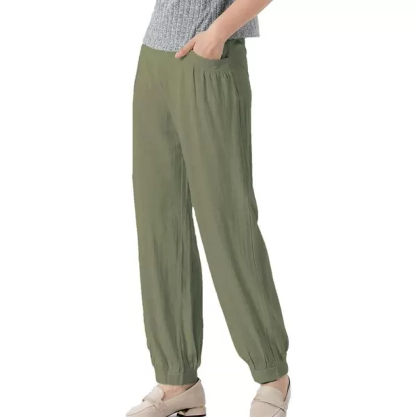 Minibee Womens Cotton Linen Tapered Cropped Pants Elastic Waist TrousersArmygreen