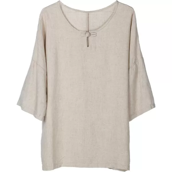 Minibee Womens Elbow Sleeve Linen Tunic Tops Solid Color Retro BlouseOffwhite