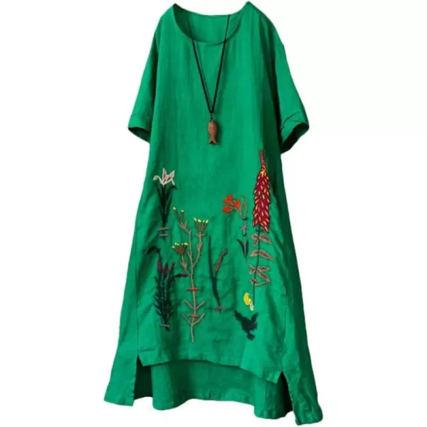 Minibee Womens Embroidered Linen Dress Summer ALine Sundress Hi Low Tunic ClothingGreen