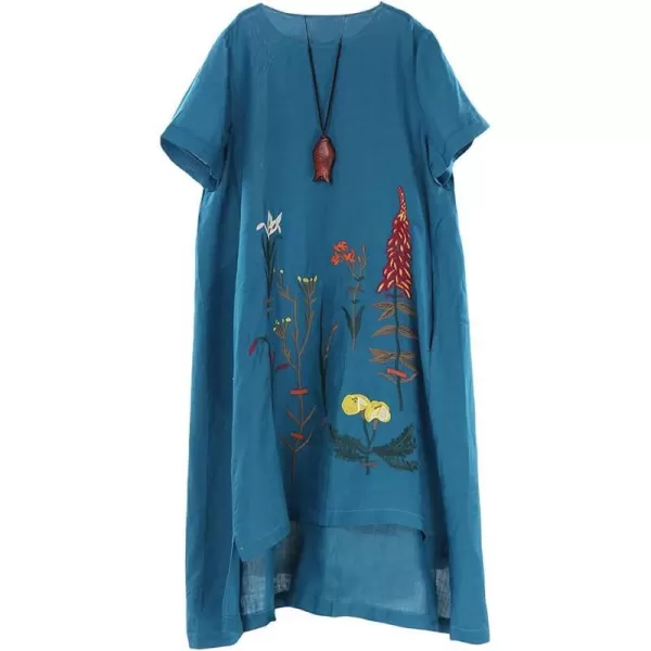 Minibee Womens Embroidered Linen Dress Summer ALine Sundress Hi Low Tunic ClothingSteel Blue