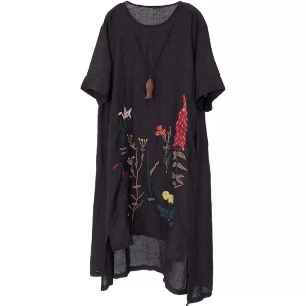 Minibee Womens Embroidered Linen Dress Summer ALine Sundress Hi Low Tunic ClothingStyle1 Black