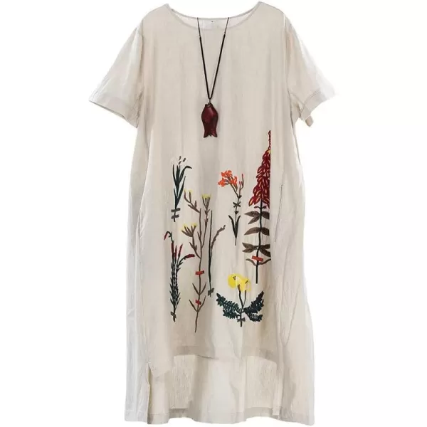 Minibee Womens Embroidered Linen Dress Summer ALine Sundress Hi Low Tunic ClothingStyle1 Linen