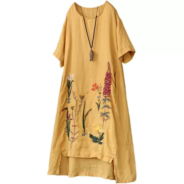 Minibee Womens Embroidered Linen Dress Summer ALine Sundress Hi Low Tunic ClothingYellow