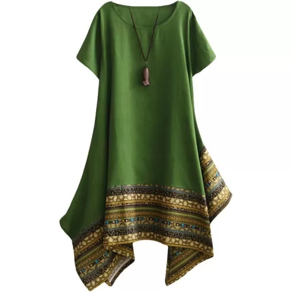 Minibee Womens Ethnic Cotton Linen ShortLong Sleeves Irregular DressGreen