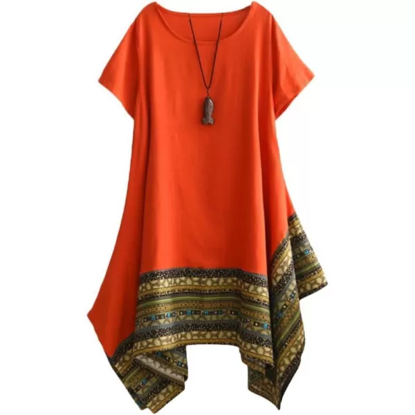 Minibee Womens Ethnic Cotton Linen ShortLong Sleeves Irregular DressOrange