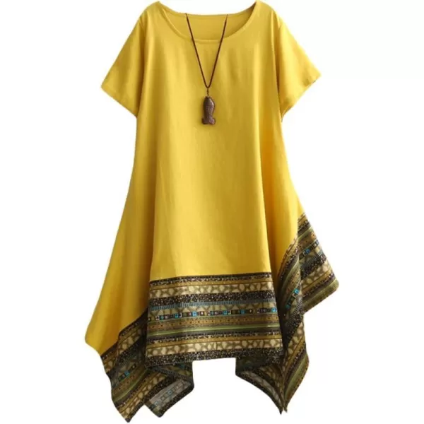 Minibee Womens Ethnic Cotton Linen ShortLong Sleeves Irregular DressYellow