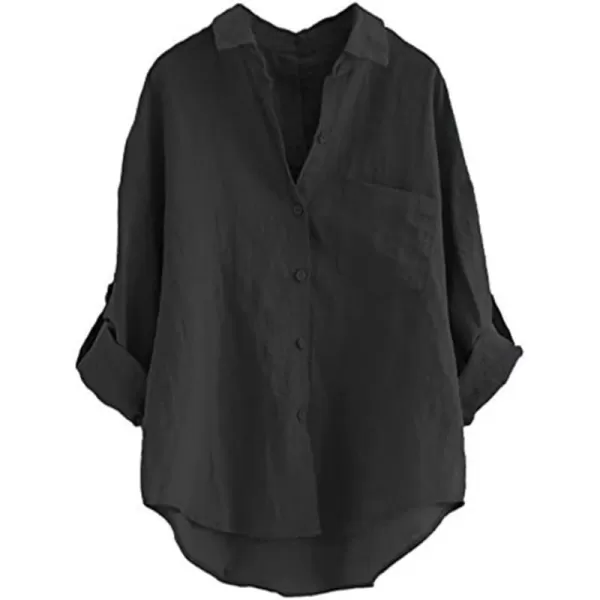 Minibee Womens Linen Blouse High Low Shirt RollUp Sleeve TopsBlack