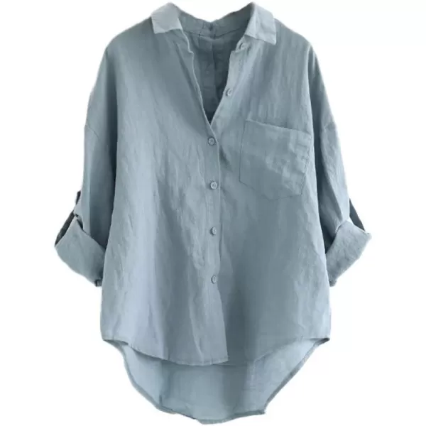 Minibee Womens Linen Blouse High Low Shirt RollUp Sleeve TopsBlue