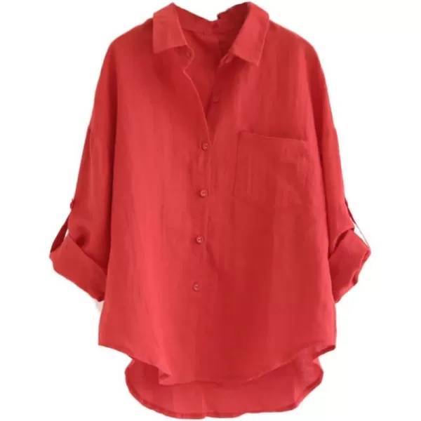 Minibee Womens Linen Blouse High Low Shirt RollUp Sleeve TopsRed