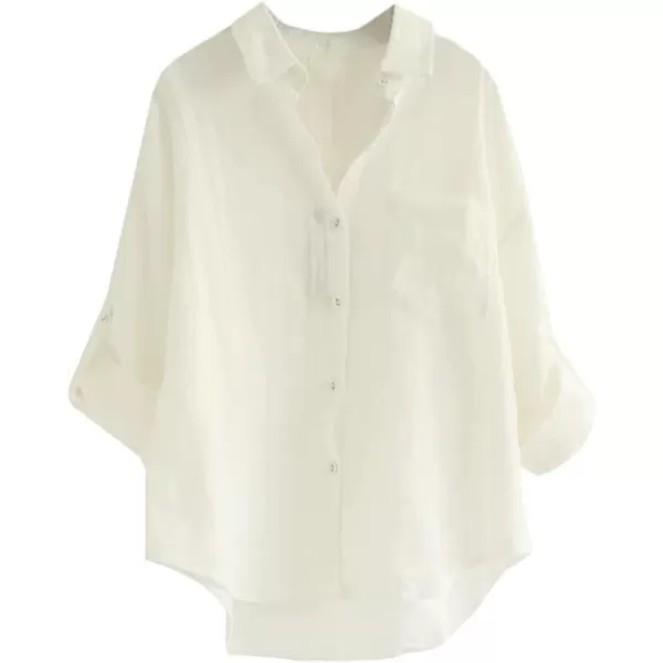 Minibee Womens Linen Blouse High Low Shirt RollUp Sleeve TopsWhite