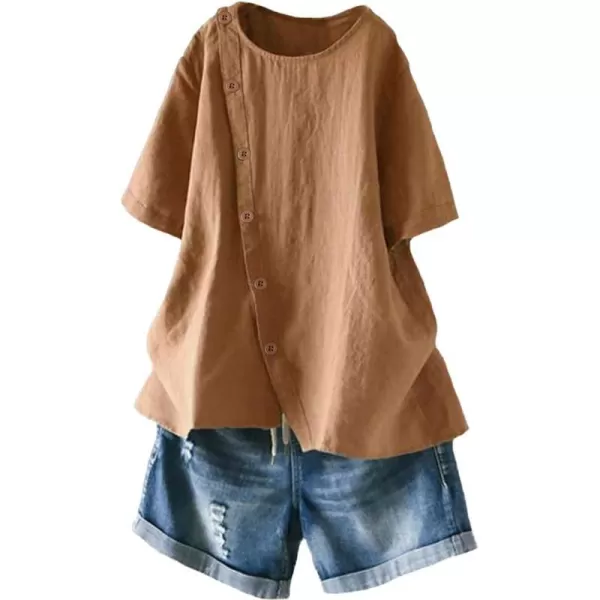 Minibee Womens Linen Blouse Tunic Short Sleeve Shirt Tops With Buttons DecorationCoffee