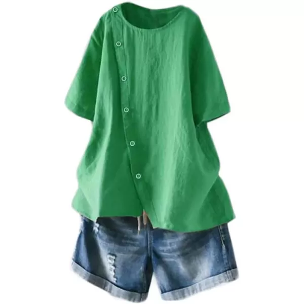 Minibee Womens Linen Blouse Tunic Short Sleeve Shirt Tops With Buttons DecorationGreen