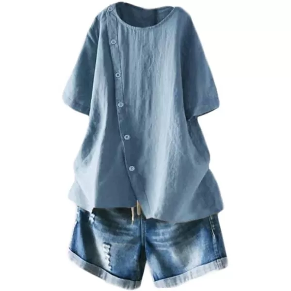 Minibee Womens Linen Blouse Tunic Short Sleeve Shirt Tops With Buttons DecorationGrey Blue