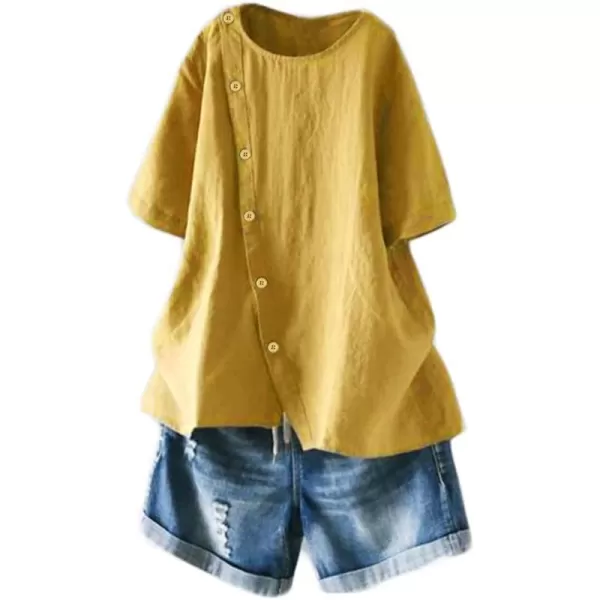 Minibee Womens Linen Blouse Tunic Short Sleeve Shirt Tops With Buttons DecorationYellow