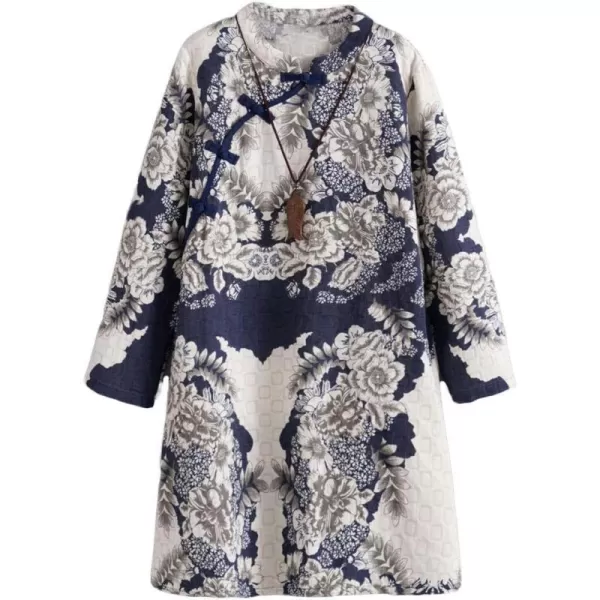 Minibee Womens Linen Dress Long Sleeve Retro Tunic Dresses Ethnic Floral Print ClothingBlue