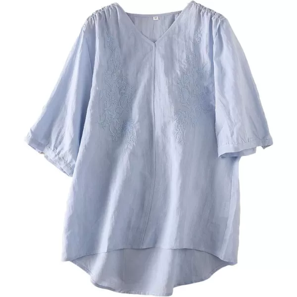 Minibee Womens Linen Embroidery Blouse VNeck Tunic Elbow Sleeve Shirts TopsBlue