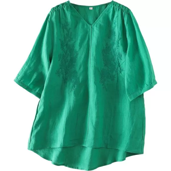 Minibee Womens Linen Embroidery Blouse VNeck Tunic Elbow Sleeve Shirts TopsGreen