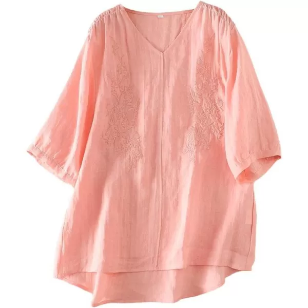 Minibee Womens Linen Embroidery Blouse VNeck Tunic Elbow Sleeve Shirts TopsPink