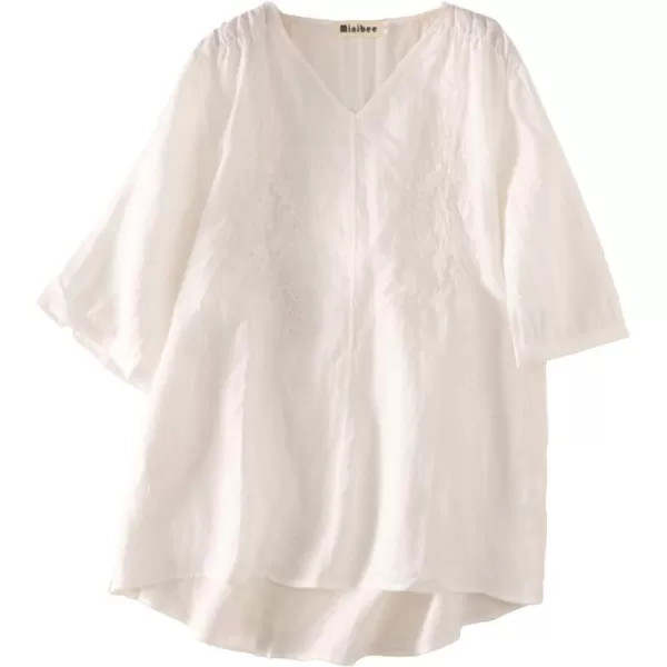 Minibee Womens Linen Embroidery Blouse VNeck Tunic Elbow Sleeve Shirts TopsWhite