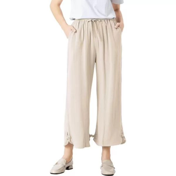 Minibee Womens Linen Pants Drawstring Waist Wide Leg Trousers with Frog ButtonBeige