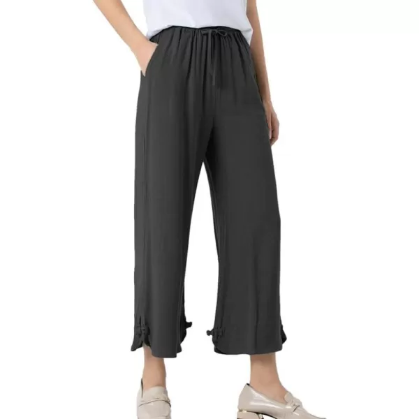 Minibee Womens Linen Pants Drawstring Waist Wide Leg Trousers with Frog ButtonBlack