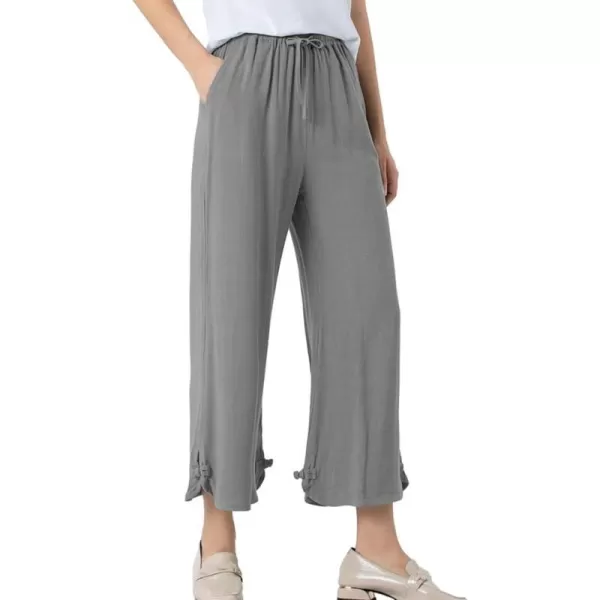 Minibee Womens Linen Pants Drawstring Waist Wide Leg Trousers with Frog ButtonGray