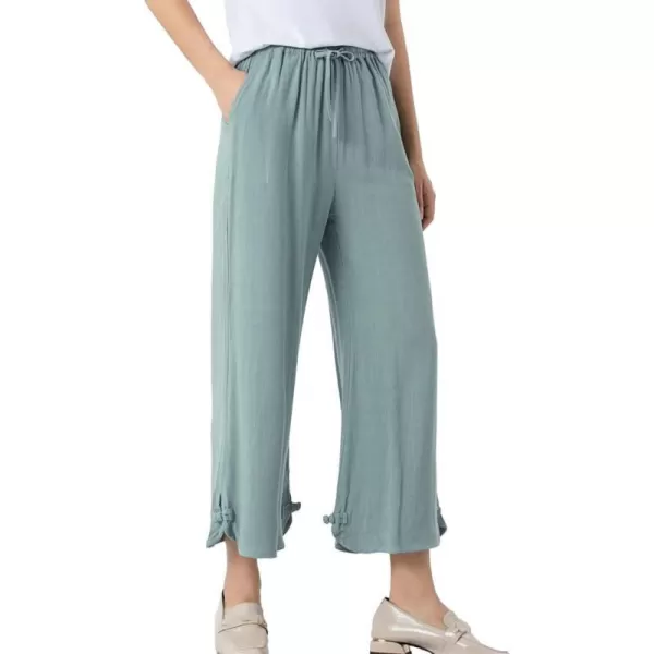 Minibee Womens Linen Pants Drawstring Waist Wide Leg Trousers with Frog ButtonLight Green