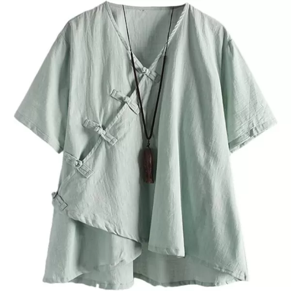 Minibee Womens Linen Retro Chinese Frog Button Tops BlouseGreen