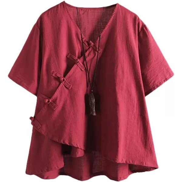 Minibee Womens Linen Retro Chinese Frog Button Tops BlouseWine Red