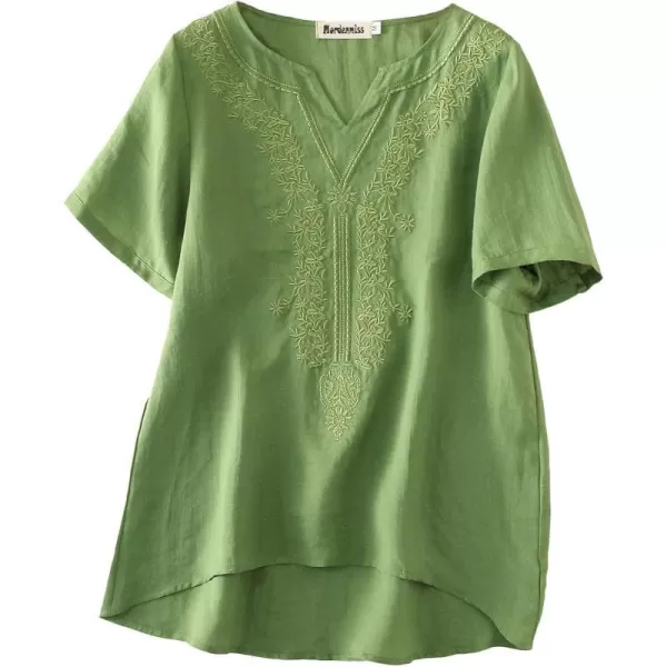 Minibee Womens Linen Shirts Summer Boho Tops Cotton Blouse V Neck Short Sleeve Embroidered TunicGreen